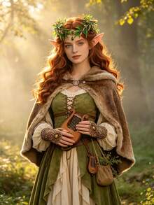 Women Elf Cosplay Accessories Set, Leaf Gem Headband, Pointed Elf Ears & Vintage Lace Gloves, For Halloween Renaissance Party Dress‑Up - Multicolor - View 7