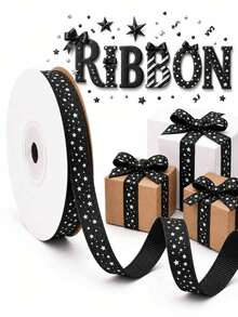 1 捲 // 2/4 捲黑色星星印花緞面蝴蝶結緞帶，適用於節日派對禮物包裝緞帶與蝴蝶結，完美適合 DIY 手作項目、手工裝飾緞帶、生日禮物包裝配件 - 黑色 - 查看 1
