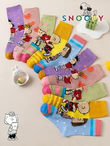 1/5/10 Pairs Snoopy Women's Mid-Calf Socks, Striped Heart Pattern Colorful Fun Autumn/Winter Socks - Multicolor - View 11