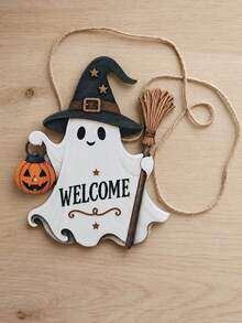 1pc Halloween Wooden Ghost Hanging Decor With Witch Hat And Ghost Door Sign, Pumpkin And Broom, Cute Rustic Welcome Wall Decor For Front Door, Home, Porch And Party Decoration - Multicolor - View 7