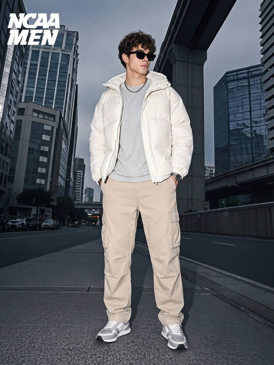 Solid Color Hooded Puffer Jacket Men's Winter Loose Thickened Warm Windproof Short Couple Padded Coat - Khaki - View 1