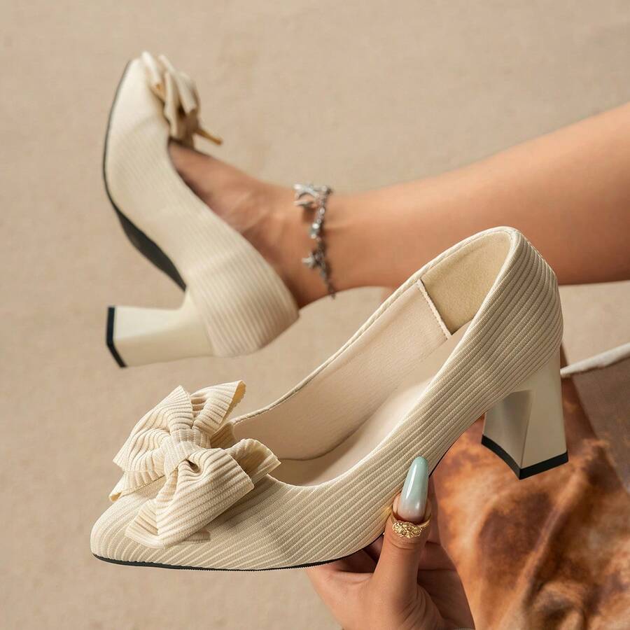 Women's Casual Minimalist Fashionable Elegant Commuter Versatile Spring Autumn Winter Comfortable Ball Pointed Toe Chunky Heel High Heel Bow Knot Pumps - Beige - View 1