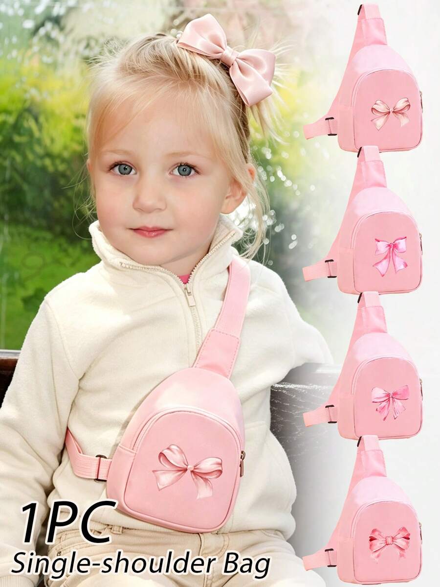 1PC Cute Bow Print Crossbody Bag For Little Girls, Adjustable Shoulder Strap Zipper Storage Chest Bag, Suitable For Toddlers Daily Outings And Casual Use, Can Be Given As A Gift - Deep Pink - View 1