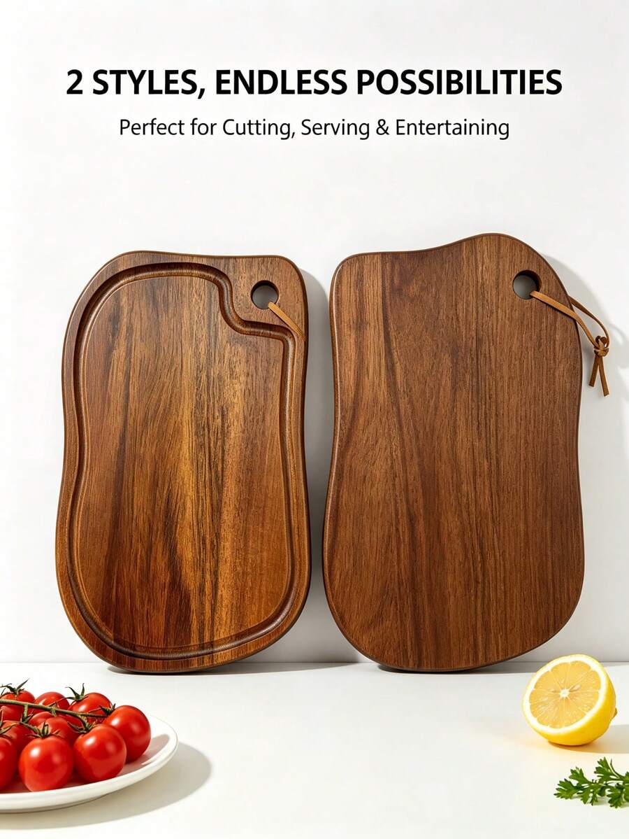 Wooden Cutting Board, Household Kitchen Chopping Board, Deep Groove Design, Double-Sided Wooden Serving Tray, Leather Hanging Strap, Home Kitchen Essential, Suitable For Cutting Meat, Fruit, Vegetables, Cheese, Breakfast, Dinner, Party Decorative Platter - Khaki - View 1