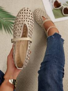 Women's Hollow Embroidery V-Cut Mary Jane Shoes, Adjustable Buckle, Soft Breathable Lightweight Daily Commute Casual Shoes - Beige - View 1