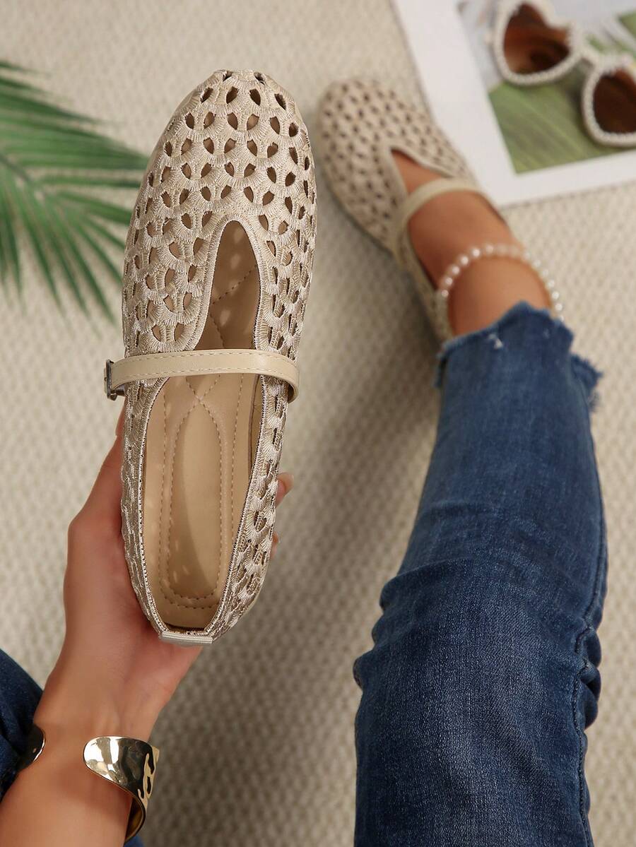 Women's Hollow Embroidery V-Cut Mary Jane Shoes, Adjustable Buckle, Soft Breathable Lightweight Daily Commute Casual Shoes - Beige - View 1