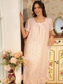 RS Pajama1 Floral Print Bubble Crepe Ruffle Short Sleeve Nightgown With Bow Decor, Square Neck - Pink - View 5