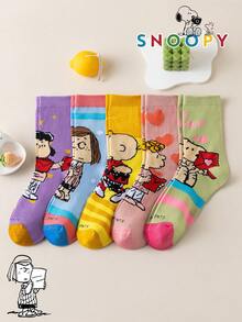 1/5/10 Pairs Snoopy Women's Mid-Calf Socks, Striped Heart Pattern Colorful Fun Autumn/Winter Socks - Multicolor - View 2