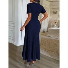 Elegant Temperament Pure Color Short Sleeve Hip Skirt Dress Women's Dress - 藏蓝色 - 查看 3