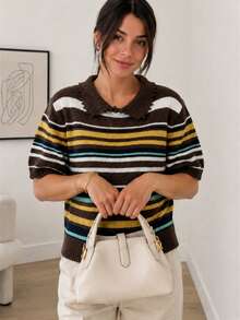 Wixra Women's Scallop Collar Color Stripe Fuzzy Knit Long Sleeve Sweater - Brown - View 5