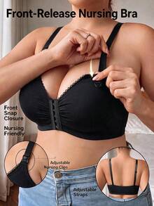 1pc Casual Women's Comfortable Minimalist Non-Padded Knit Fabric Front Closure Nursing Bra Plus Size - Black - View 1