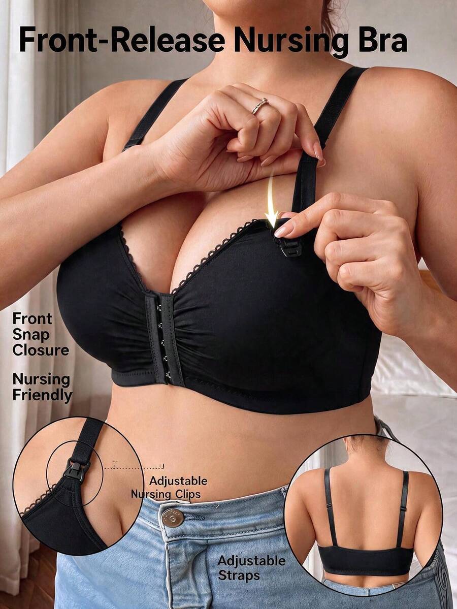 1pc Casual Women's Comfortable Minimalist Non-Padded Knit Fabric Front Closure Nursing Bra Plus Size - Black - View 1