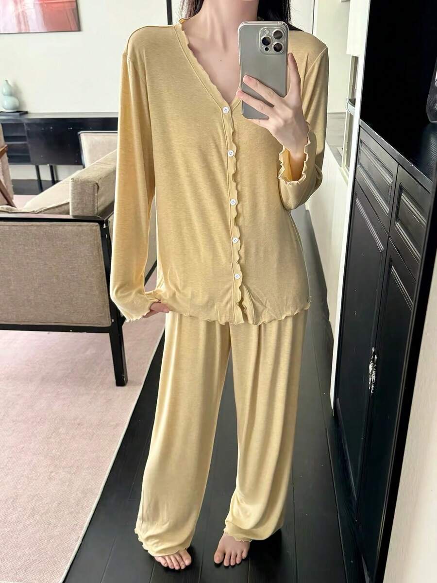 Women's Spring/Autumn Frill Trim Long Sleeve Long Pants Casual Loose 2 Pieces Loungewear Set, Suitable For Outdoor Wear - Yellow - View 1