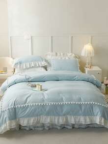 3pcs Skin-Friendly Soft Comfortable Light Blue Pom Pom Lace Double Layer Ruffle Bedding Set (1*Duvet Cover+2*Pillowcases, No Fillers), French Country Style, Lady Style, Girly Style, Bohemian Rural Style, Suitable For Bedroom, Guest Room, Boys And Girls Bedding, Machine Washable, All Season Use - Baby Blue - View 5