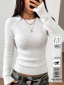 Women's White Fluffy Soft Raglan Round Neck Fitted Short Knit Sweater, Sexy Gentle Style Knit Top Fall - White - View 4