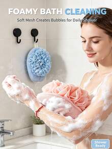 2+2pcs Frosted Bath Gloves, 2-In-1 Sponge Flower Integrated Design, Double-Sided Use, With Hanging Ring, Suitable For Bathroom Storage, Body Cleansing, Bath Exfoliation, Bathroom Accessories, Back To School, Halloween, Autumn - Combo Pack - View 7