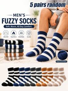5 Pairs Random Style Men's Striped Coral Fleece Mid-Calf Socks, Soft Fluffy Skin-Friendly Warm, Thick Comfortable Home Winter Socks - Multicolor - View 7