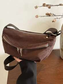 Women Vintage Suede‑Texture Crossbody Sling Bag, Dark Brown Soft Faux Suede Hobo Shoulder Bag, Multi‑Zipper Pocket Casual Crescent Messenger Purse. - Coffee Brown - View 10
