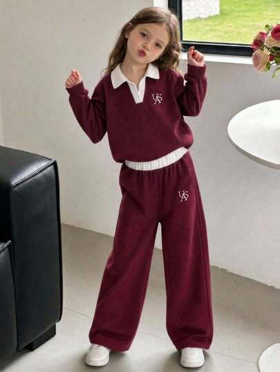Tween Girl Cartoon English Graphic Print V-Neck Long Sleeve Warm Sweatshirt And Pants