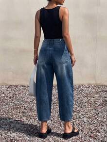 Celana Panjang Wanita Model Longgar Klasik Vintage Biru Model Bucket dengan Kaki Melengkung, Potongan Pendek, Serbaguna untuk Perjalanan Sehari-hari dan Gaya Kasual Musim Gugur - Biru - View 4