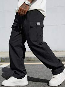 Men's Cargo Pants, Black Outdoor Loose Fit Sports Pants, Straight Leg Wide Leg Long Pants, Drawstring Waist Multi-Pocket Casual Pants, Slimming Versatile Daily Commute - Black - View 11