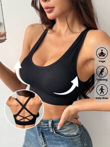 LianShengFa 1pc Backless Crisscross Strap High Elastic Wirefree Everyday Bra, Medium Impact Sports Seamless Racerback Yoga Bra, Breathable & Comfortable - Black - View 8