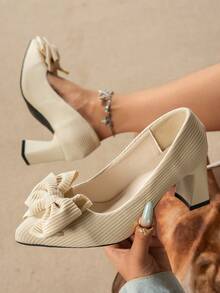 Women's Casual Minimalist Fashionable Elegant Commuter Versatile Spring Autumn Winter Comfortable Ball Pointed Toe Chunky Heel High Heel Bow Knot Pumps - Beige - View 7