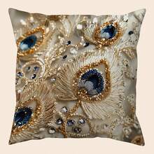 shangxia 1 Stück--Leichter Luxus Kunststickerei Pfauenfedermuster Kissenbezug 2D flach Perlen-Pailletten-Effekt Gold- und Blau-Farbschema Hochwertiges Gefühl Kissen Wohnzimmer Sofa Schlafzimmer Atmosphäre Dekoratives Kissen--(Kissenfüllung nicht enthalten)---(Mehrere Größen)---(Keine Stickerei)---(Einseitiger Muster) - Verschiedenfarbig - Übersicht 15