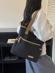 1件純色複合布料極簡Ins風多拉鍊口袋防水大容量可折疊女款工作包，適合日常通勤、外出、購物、旅行、度假，簡易行李收納，學生校園托特包，女友節日禮物 - 黑色 - 查看 5