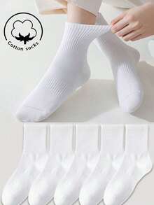 1/3/5/10 Pairs Women's Pure Cotton Mid-Calf Socks, White, Spring/Summer/Autumn, Breathable, Suitable For Casual/Daily/Sports - Multicolor - View 2