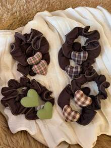 1pc Geometric Pattern Casual Polyester Korean Style Plaid Heart Hair Tie For Women, High-End Fashion Hair Band, High Elasticity Small Scrunchie For Bun - Multicolor - View 1