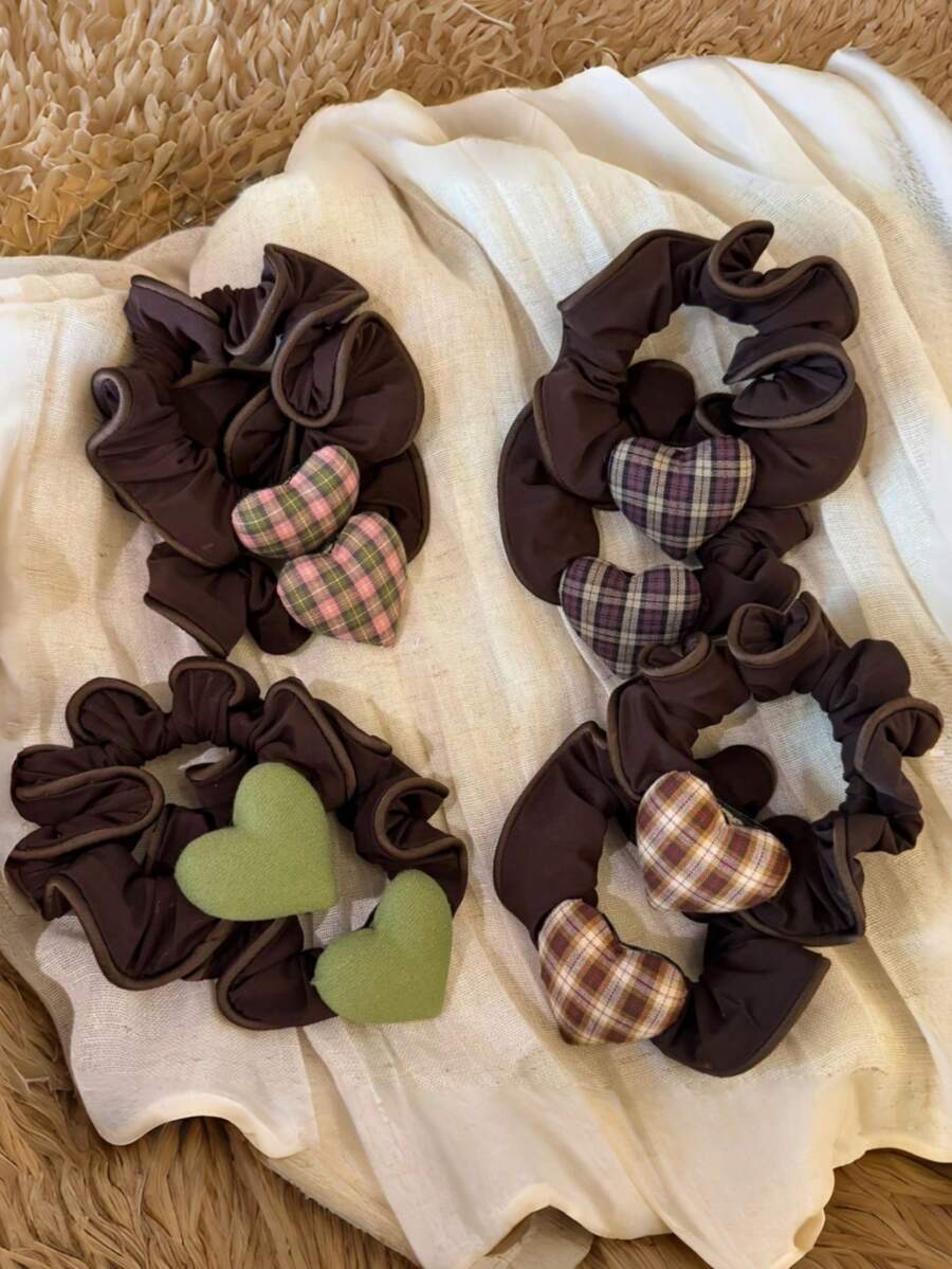 1pc Geometric Pattern Casual Polyester Korean Style Plaid Heart Hair Tie For Women, High-End Fashion Hair Band, High Elasticity Small Scrunchie For Bun - Multicolor - View 1