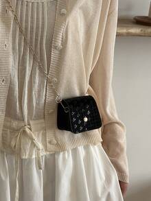 Mini Crocodile Embossed Solid Color Chain Crossbody Bag - Black - View 4