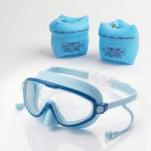 Large Frame Anti-Choke Mask-Style Swimming Goggles & Arm Floats Set, Kids 3-8 Years Old, Nose Cover Design, Waterproof High-Definition Vision, Anti-Fog Lens, Silicone Earplugs, Unisex Swimming Gear - Multicolor - View 2