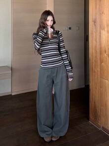 Women's Vintage Striped Fitted Slimming T-Shirt - Brown - View 3