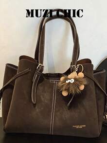 Tas Tote Tekstur Matte Vintage Korea Ins, Desain Jahitan Kontras, Kulit Lembut, Tas Belanja Kapasitas Besar, Gaya Minimalis Elegan, Cocok Untuk Pekerja Kantoran, Perjalanan Sehari-hari, Tas Genggam dan Tas Bahu Kasual - Coklat - View 1