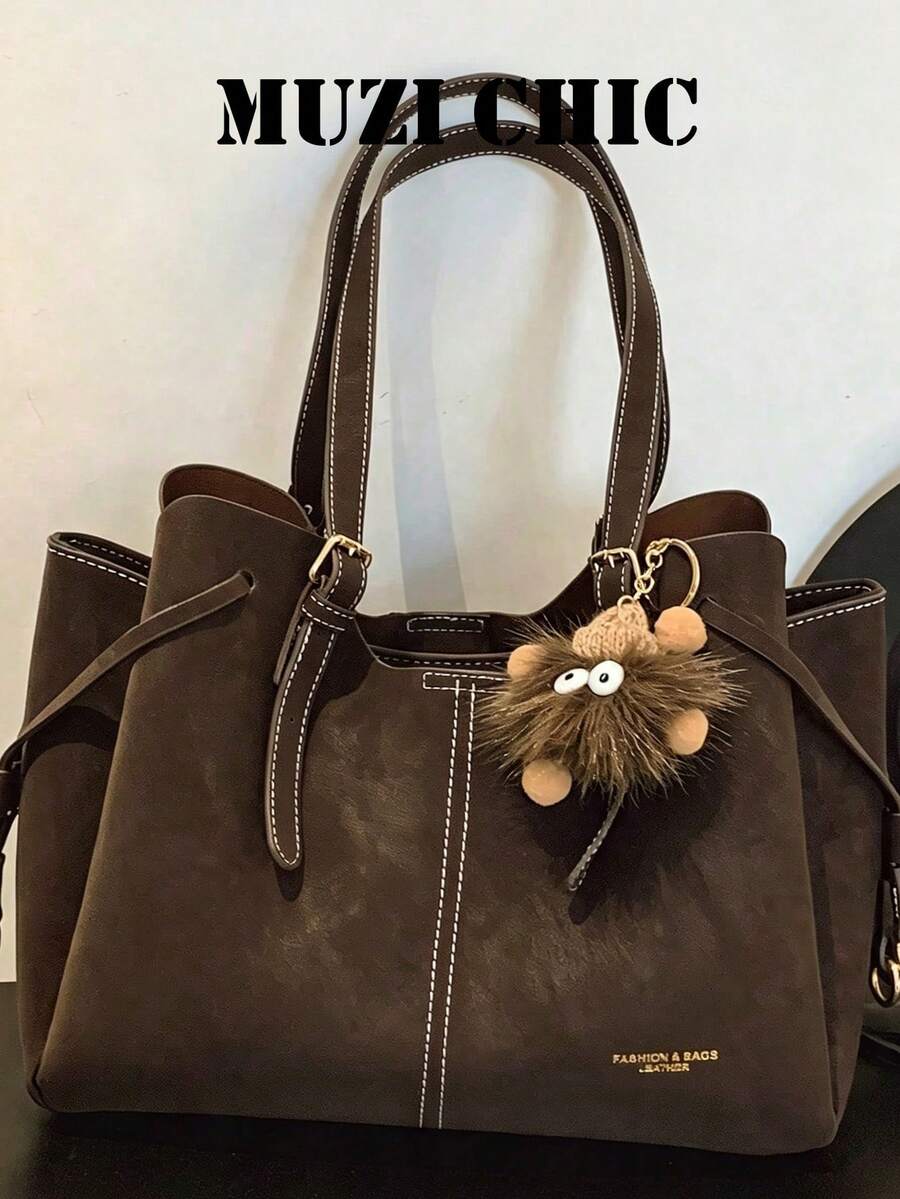 Tas Tote Tekstur Matte Vintage Korea Ins, Desain Jahitan Kontras, Kulit Lembut, Tas Belanja Kapasitas Besar, Gaya Minimalis Elegan, Cocok Untuk Pekerja Kantoran, Perjalanan Sehari-hari, Tas Genggam dan Tas Bahu Kasual - Coklat - View 1