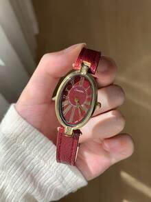 紅色 PU 錶帶羅馬數字復古紅盤石英女款橢圓金錶，適合日常佩戴 - 紅色 - 查看 6