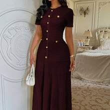 Elegant Temperament Pure Color Short Sleeve Hip Skirt Dress Women's Dress - 酒紅色 - 查看 1