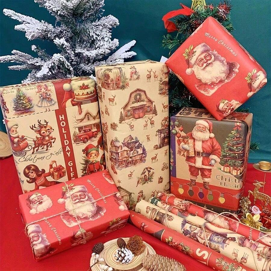 8pcs/4pcs Vintage Poster Wrapping Paper - 19.69x27.56 Inches, Santa Claus/Snowman Pattern Design, Suitable For Holiday Gifts And Winter Wonderland Decor, Tree Themed Paper Material (4/8pcs) - Multicolor - View 1