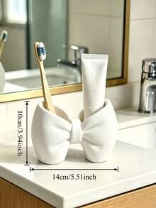 1pc Cute Bow-Shaped Storage Rack, Dual-Compartment Storage Cup, Multi-Functional Bathroom Toothbrush & Toothpaste Holder, Vanity Makeup Brush Holder, Bedroom & Kitchen Countertop Decorative Desktop Pen Holder Storage Box - 1pc Pink - View 4