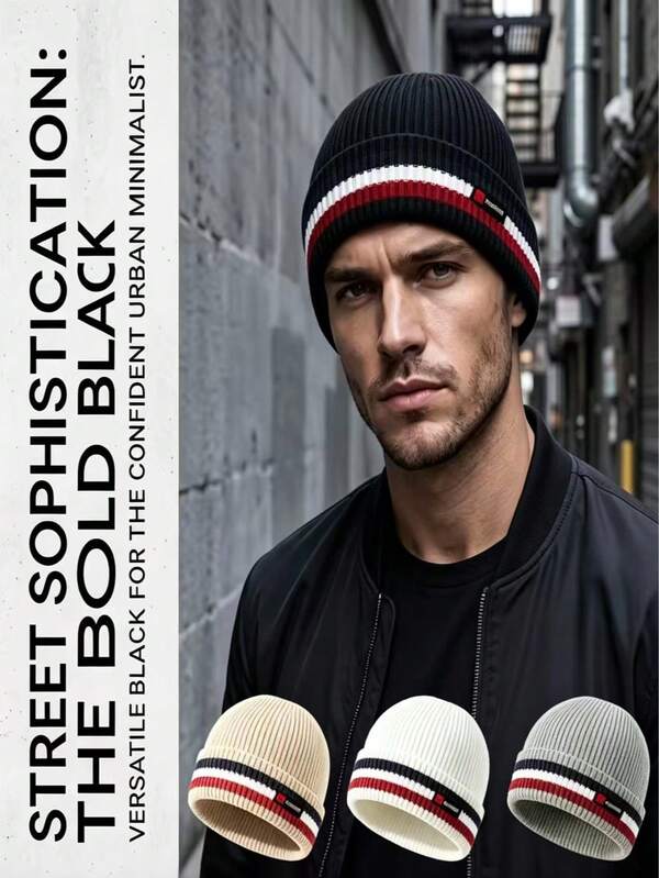 1pc Unisex Classic Minimalist Contrast Color Striped Cuffed Knit Beanie, High Elastic Ribbed Warm Winter Skull Cap, Outdoor Windproof Cold-Proof Knit Hat