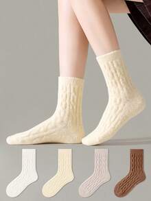 ZUJO 2 Pasang Kaos Kaki Wanita Bahan Coral Fleece Setinggi Betis, Motif Rajutan Kabel, Cocok untuk Musim Gugur/Musim Dingin, Cocok untuk Suhu 5-15℃, Kaos Kaki Hangat untuk di Rumah, Warna Acak - MultiWarna - View 2