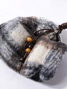 Premium Chic Contrast Color Plaid Winter Short Overcoat Patchwork Top Elegant Travel Casual Vacation - Apricot - View 11