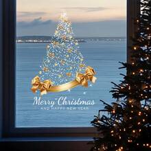 1pc 45*60cm Gold Christmas Tree Static Window Sticker, Merry Christmas, Happy New Year Static Glass Decal, Reusable, Removable Door Window Display Decoration Sticker - KJ-50 - View 9
