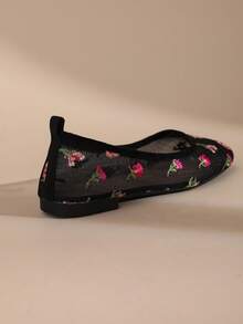 Women's Square Toe Mesh Flat Mary Jane Ballet Shoes, Floral Lace Embroidery, Breathable, Lightweight, Fashionable - Black - View 6