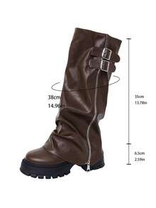 planare Women's Fashion Punk Style Double Buckle Slouch High Tube Boots, Ruched Leg Side Zipper Thick Sole Chunky Heel Motorcycle Rider Boots, Brown Long Boots - Brown - View 11