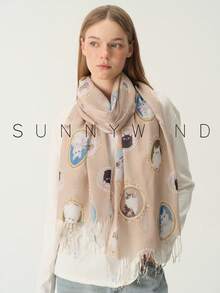 1pc Cute Elegant Sweet Versatile Polyester Printed Scarf With Cat Frame Design For All Seasons Daily Wear - Camel - View 8