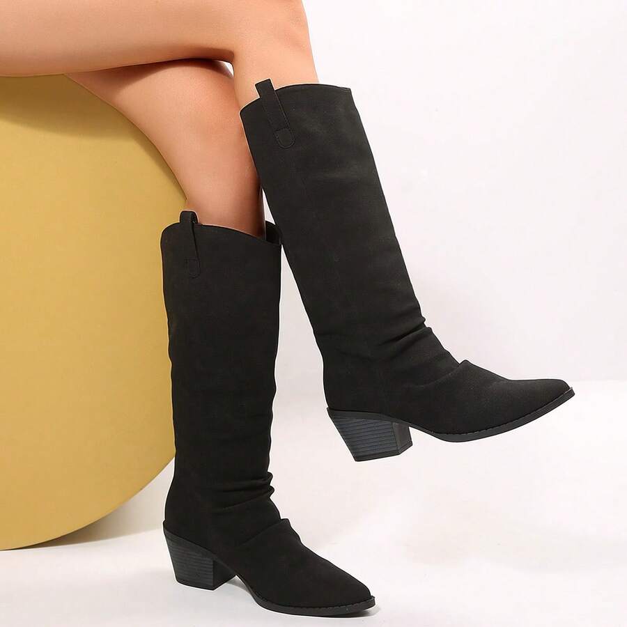 2026 Autumn New Ruched Boots, Women's Mid-Calf Denim Knee-High Boots, Western Style Tall Boots, Pointed Toe Chunky Square Heel Relaxed High-Shaft Boots, Black Disco Party Dress Boots, Suitable For Nightclub Outings - Black - View 1