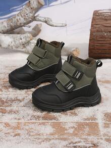 Boys' Thermal-Lined Snow Boots, Winter Hook-And-Loop Thick Sole Anti-Slip Ankle Boots, Outdoor Warm & Cold-Resistant For Small And Medium Children - Black - View 1